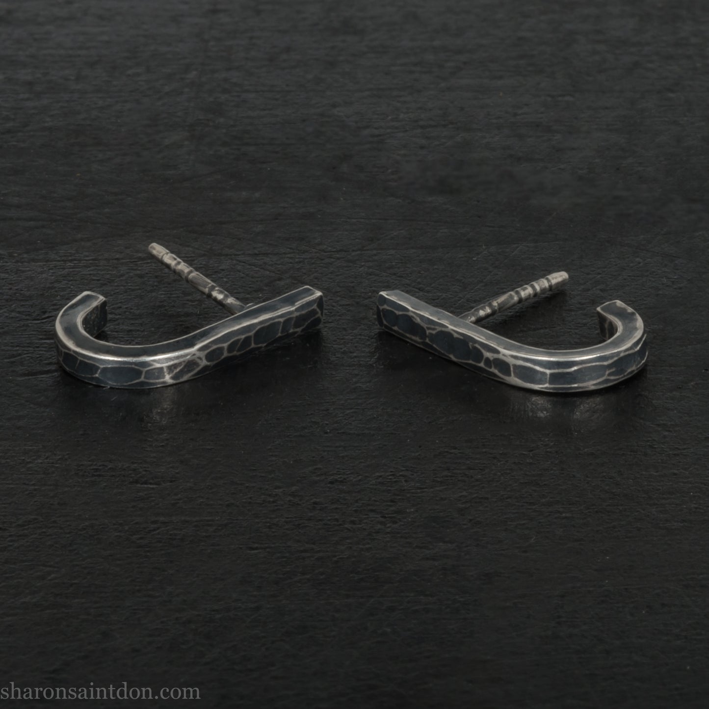 Men's 925 Sterling Silver J-Curve Earrings, Hand-Hammered, Antique Dark Patina