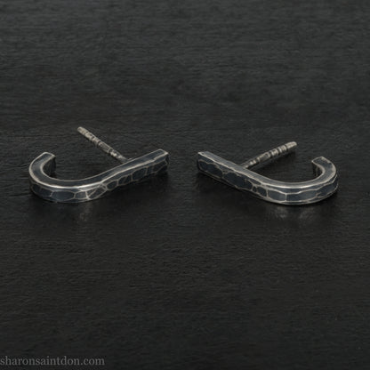 Men's 925 Sterling Silver J-Curve Earrings, Hand-Hammered, Antique Dark Patina