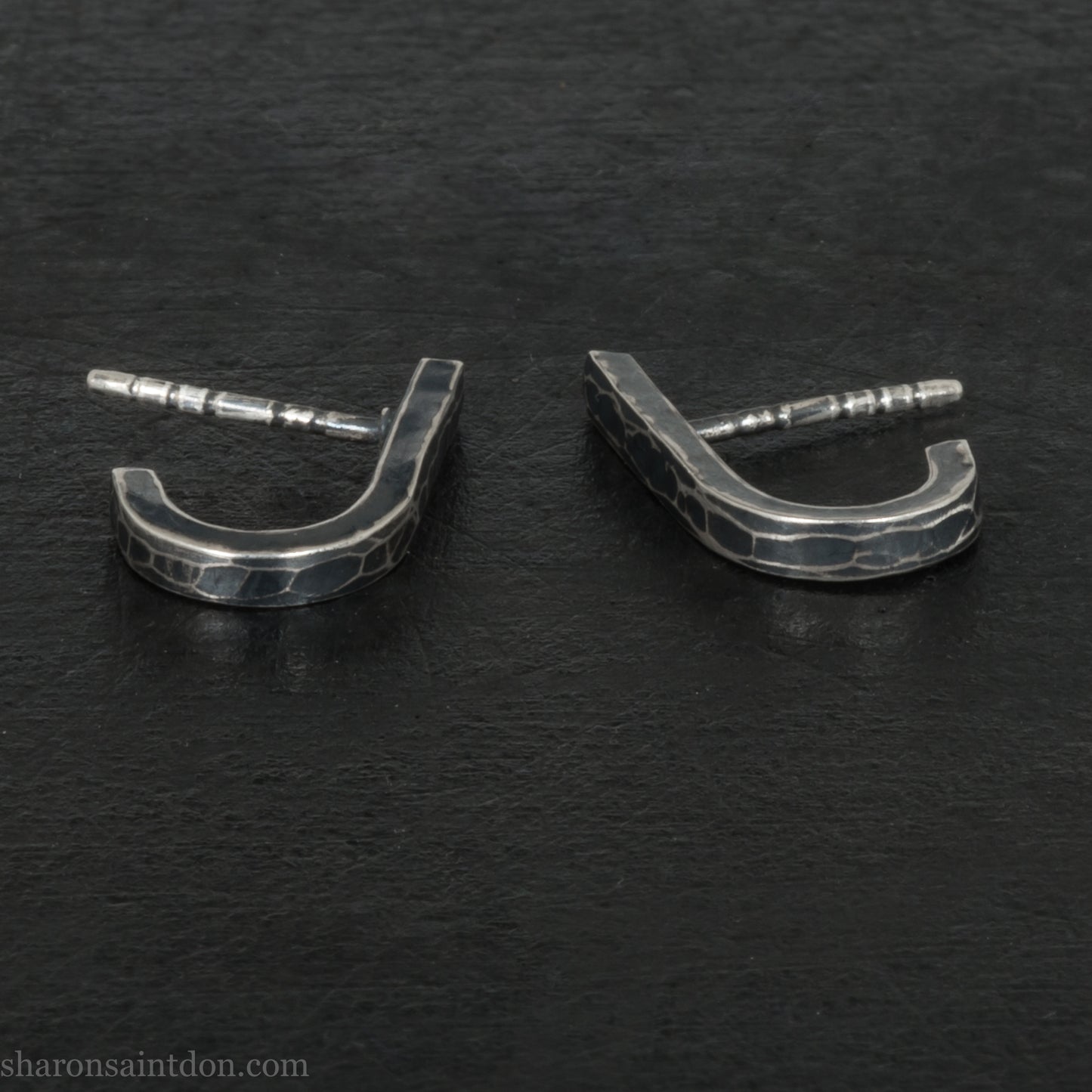 Men's 925 Sterling Silver J-Curve Earrings, Hand-Hammered, Antique Dark Patina