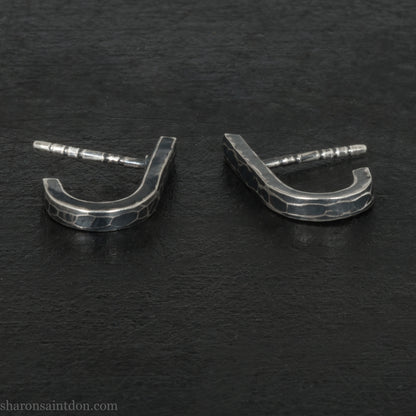 Men's 925 Sterling Silver J-Curve Earrings, Hand-Hammered, Antique Dark Patina