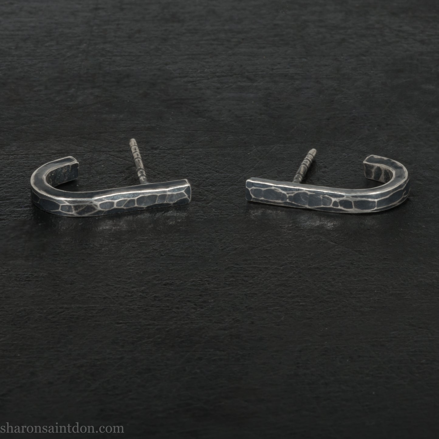 Men's 925 Sterling Silver J-Curve Earrings, Hand-Hammered, Antique Dark Patina