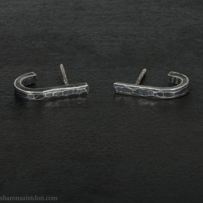 Men's 925 Sterling Silver J-Curve Earrings, Hand-Hammered, Antique Dark Patina