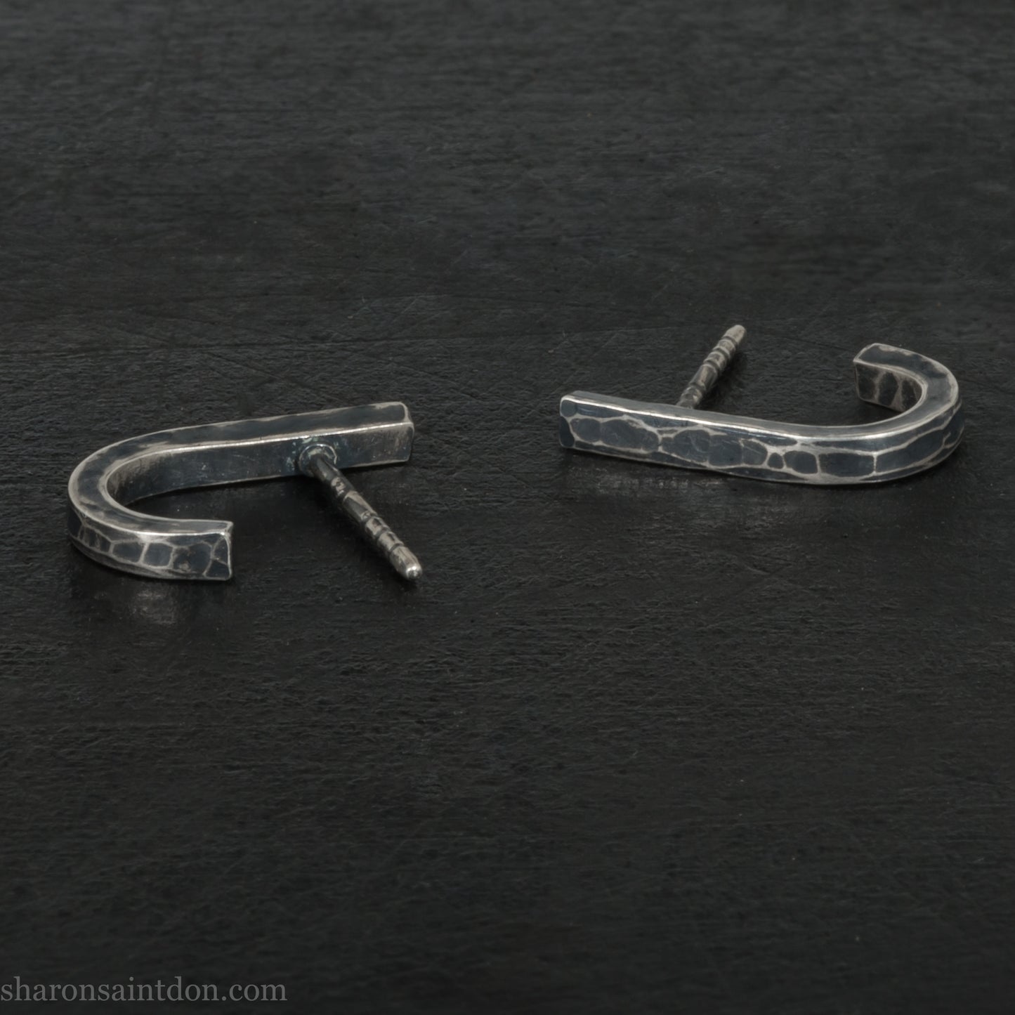 Men's 925 Sterling Silver J-Curve Earrings, Hand-Hammered, Antique Dark Patina