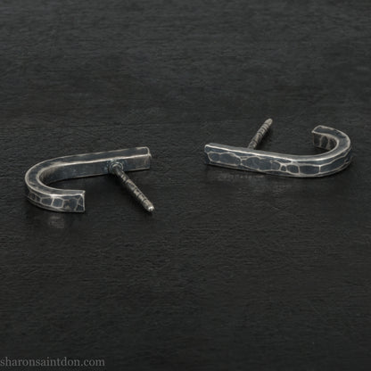 Men's 925 Sterling Silver J-Curve Earrings, Hand-Hammered, Antique Dark Patina
