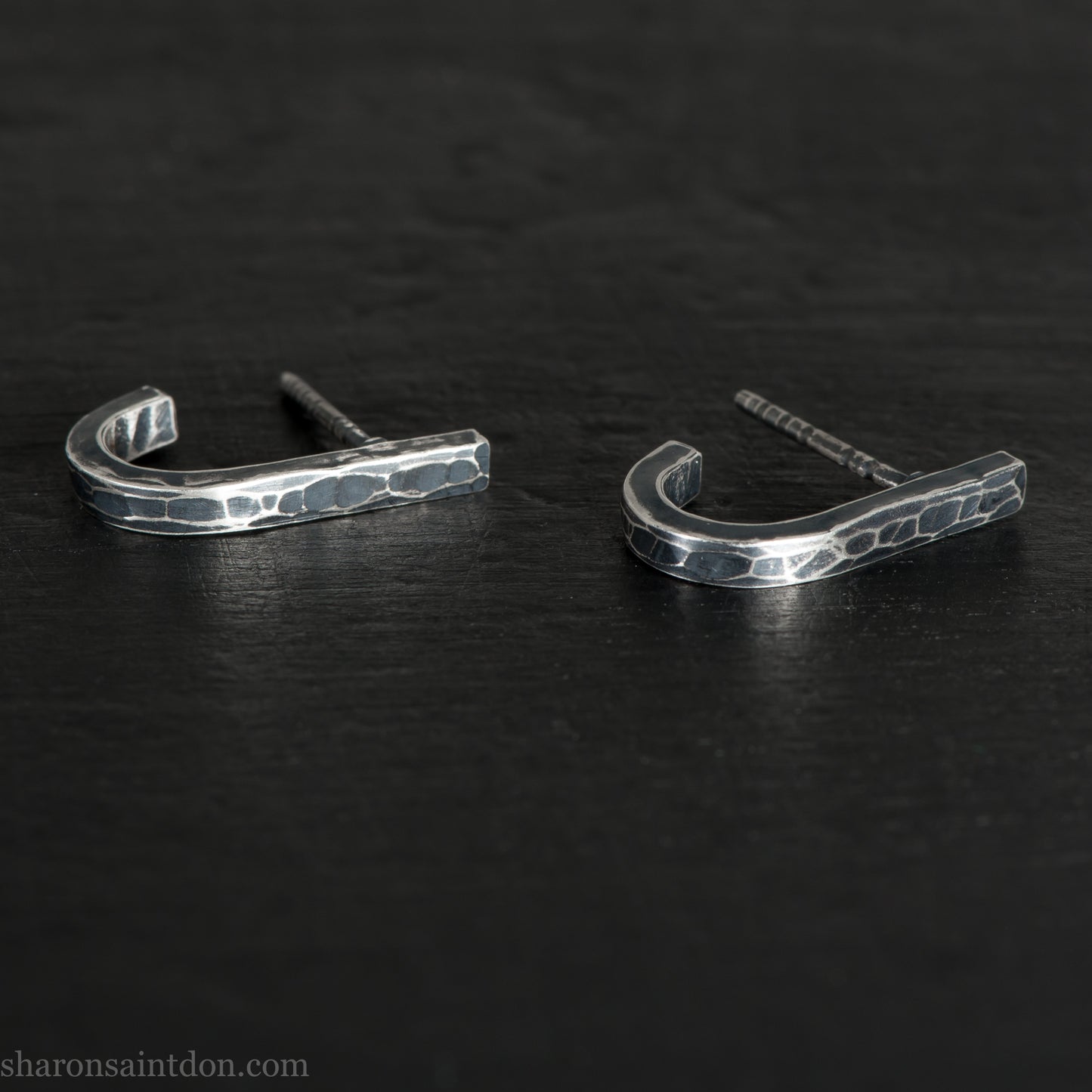 Men's 925 Sterling Silver J-Curve Earrings, Hand-Hammered, Antique Dark Patina