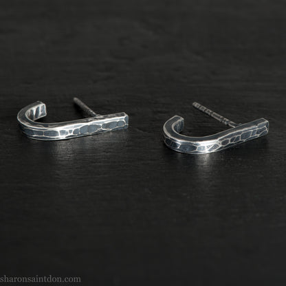 Men's 925 Sterling Silver J-Curve Earrings, Hand-Hammered, Antique Dark Patina