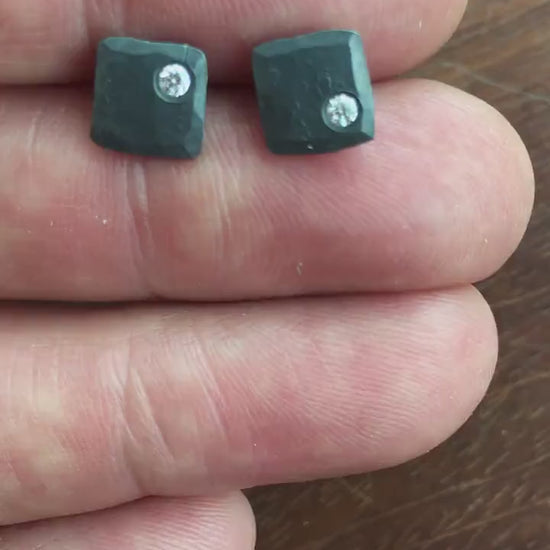 Cubic zirconia and oxidized black 925 sterling silver stud earrings