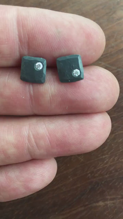 Cubic zirconia and oxidized black 925 sterling silver stud earrings