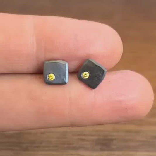 Canary Yellow Diamond Stud Earrings For Men | Sterling Silver Squares | Oxidized Black