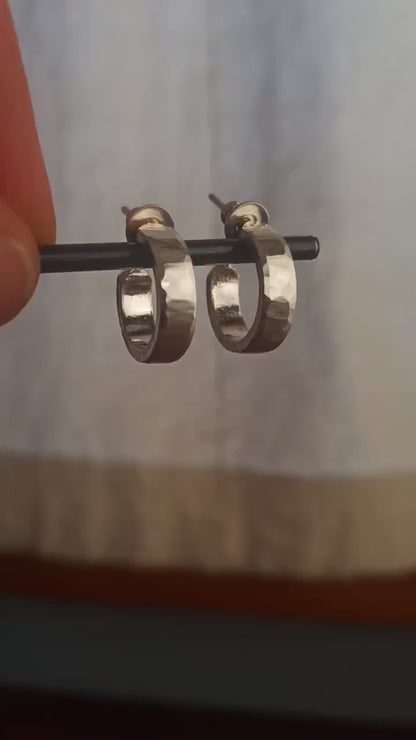 16 x 4mm x 1.5mm thick, 925 sterling silver hoop earrings handcrafted from solid, hand hammered real silver with a matte, brushed, shiny finish.
