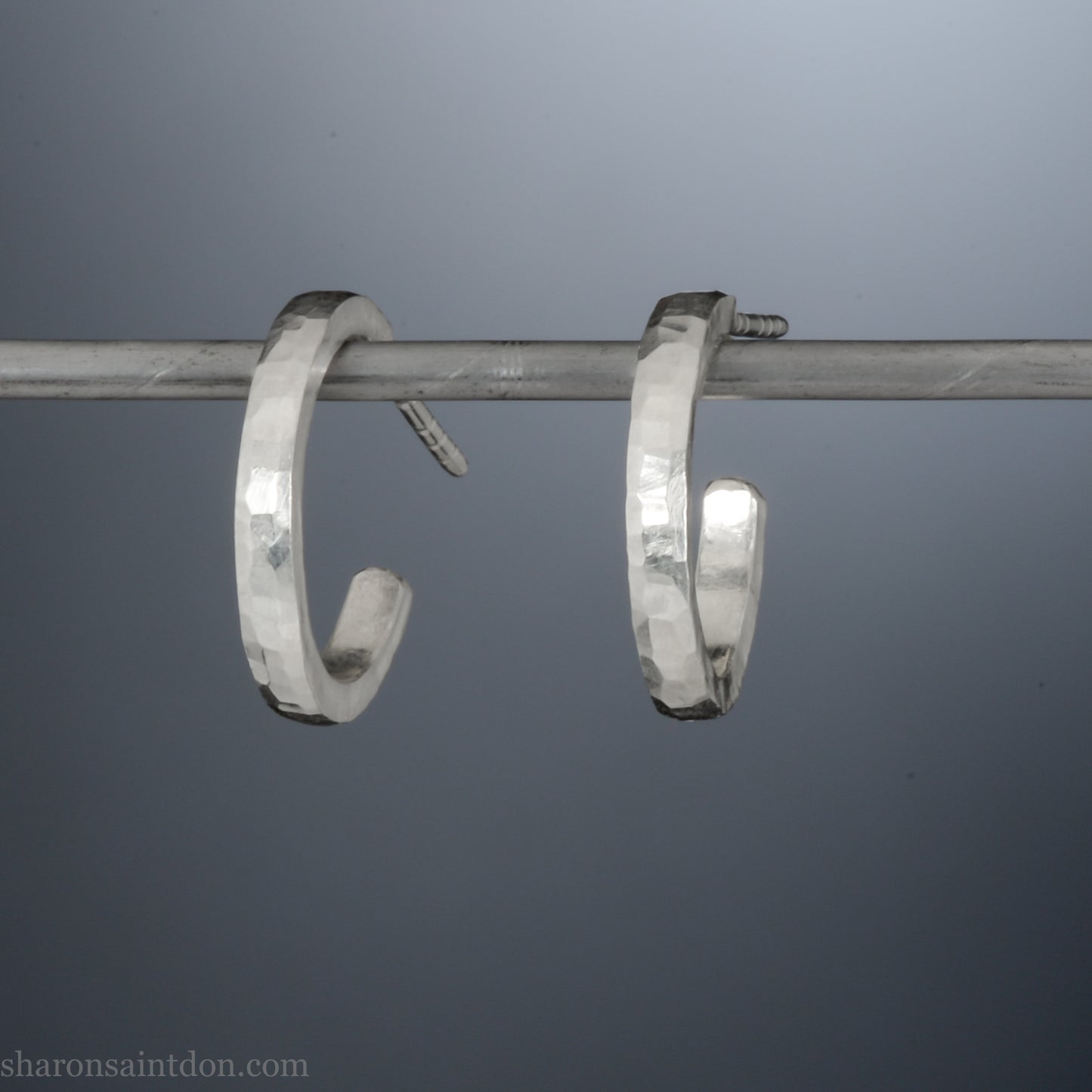 Small sterling silver hoop earrings, 16mm diameter, 2mm wide, hammered solid silver with brushed matte finish, sterling silver posts.