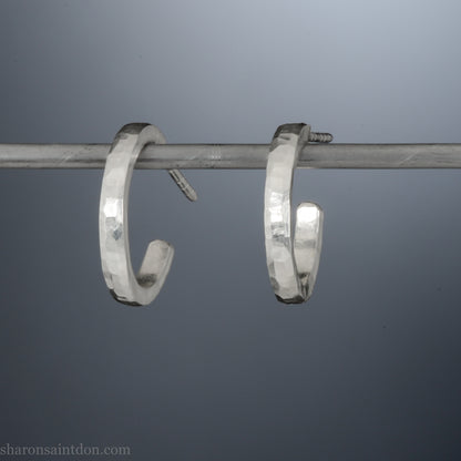 Small sterling silver hoop earrings, 16mm diameter, 2mm wide, hammered solid silver with brushed matte finish, sterling silver posts.