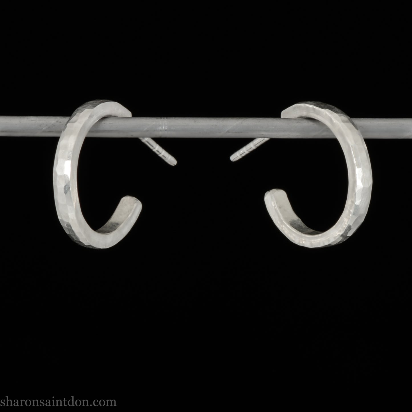 Small sterling silver hoop earrings, 16mm diameter, 2mm wide, hammered solid silver with brushed matte finish, sterling silver posts.