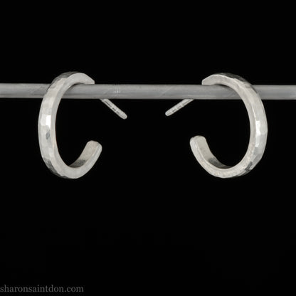 Small sterling silver hoop earrings, 16mm diameter, 2mm wide, hammered solid silver with brushed matte finish, sterling silver posts.