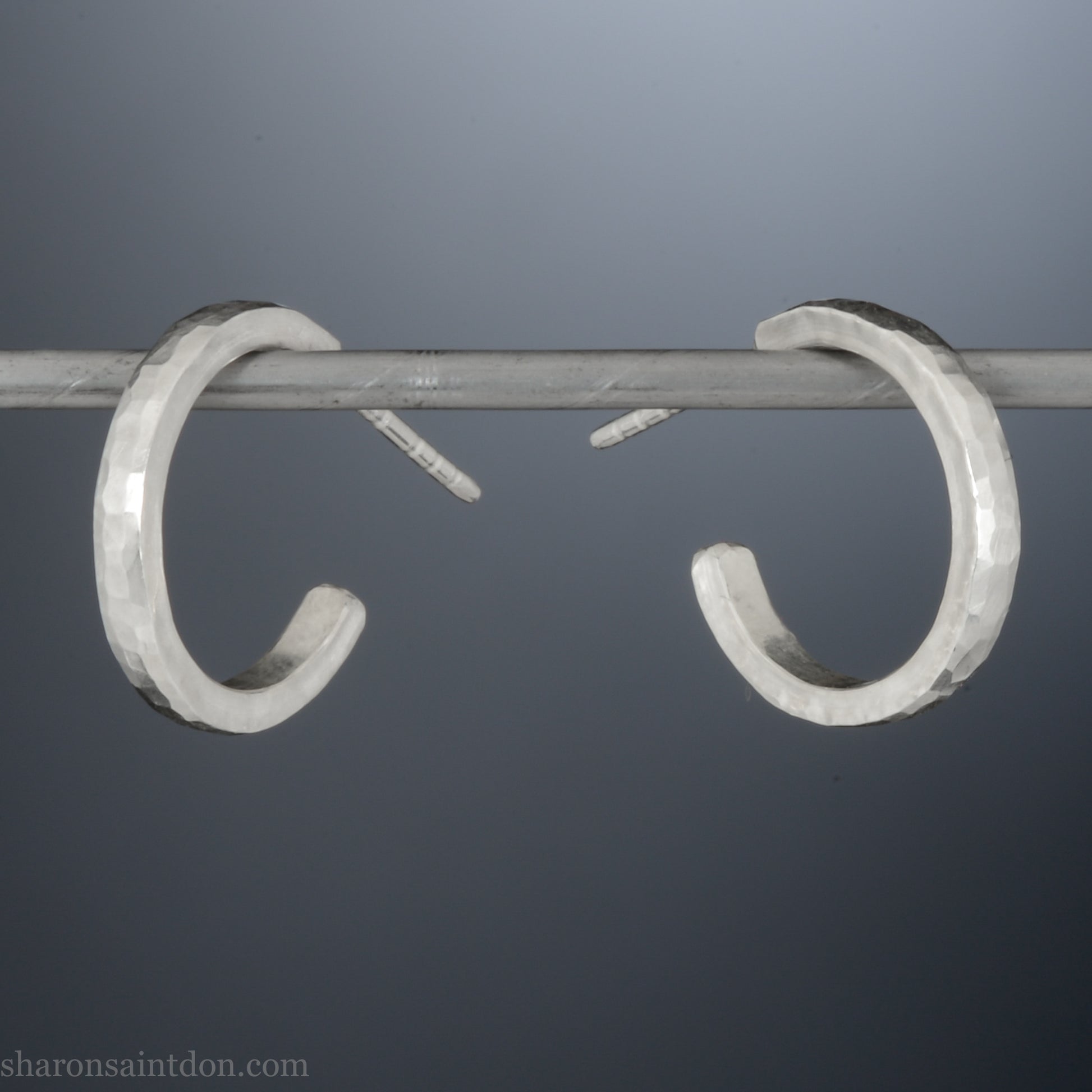 Small sterling silver hoop earrings, 16mm diameter, 2mm wide, hammered solid silver with brushed matte finish, sterling silver posts.