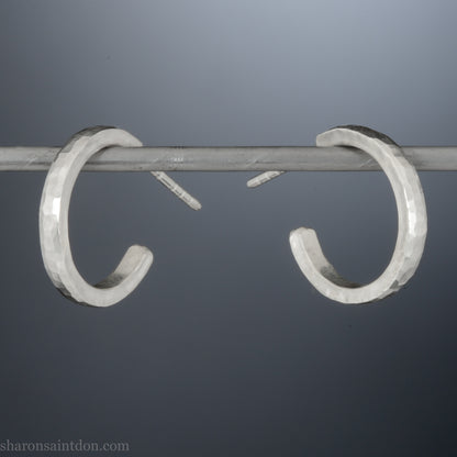 Small sterling silver hoop earrings, 16mm diameter, 2mm wide, hammered solid silver with brushed matte finish, sterling silver posts.