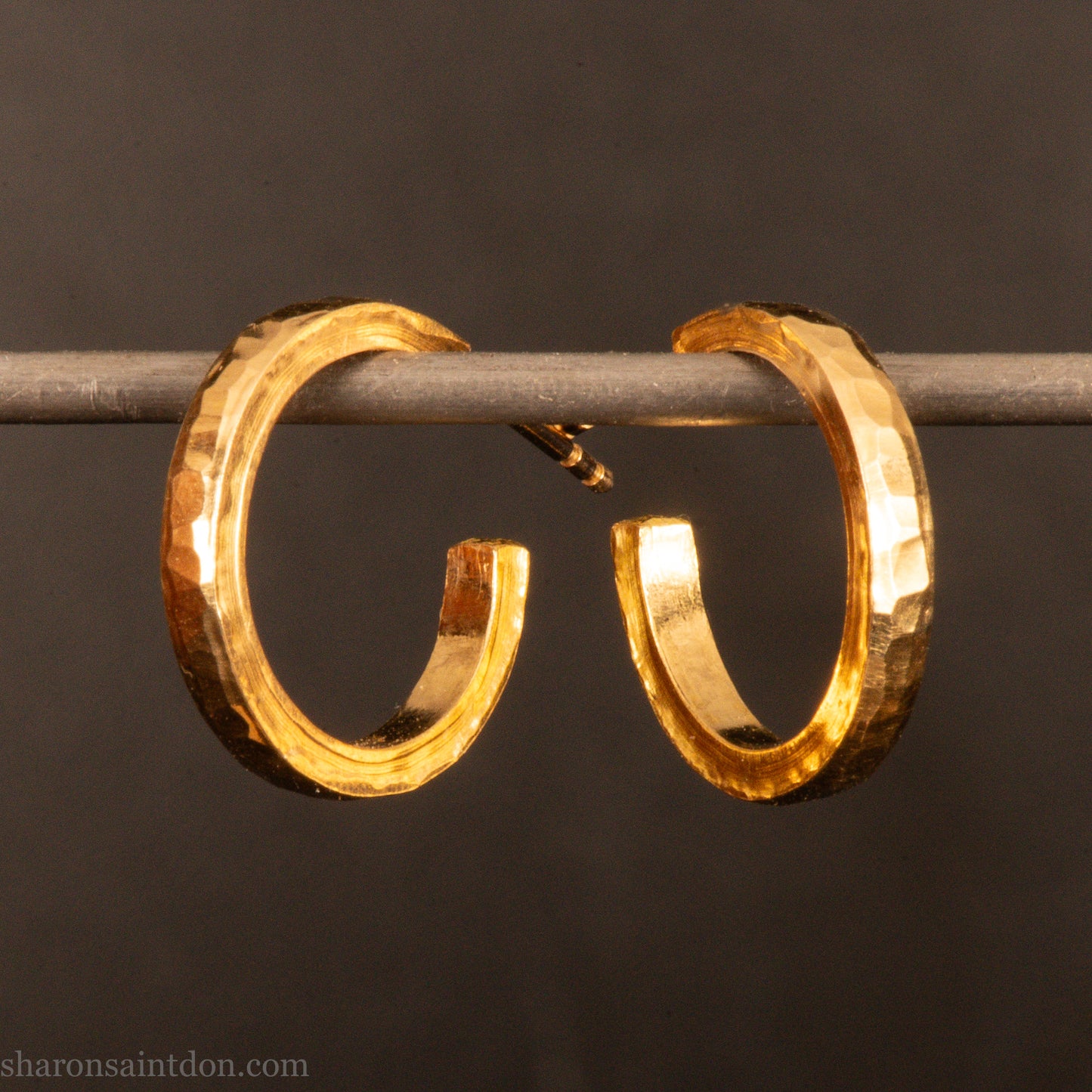 Solid gold hoop earrings, handcrafted hammered finish. 16mm diameter, 2mm wide.