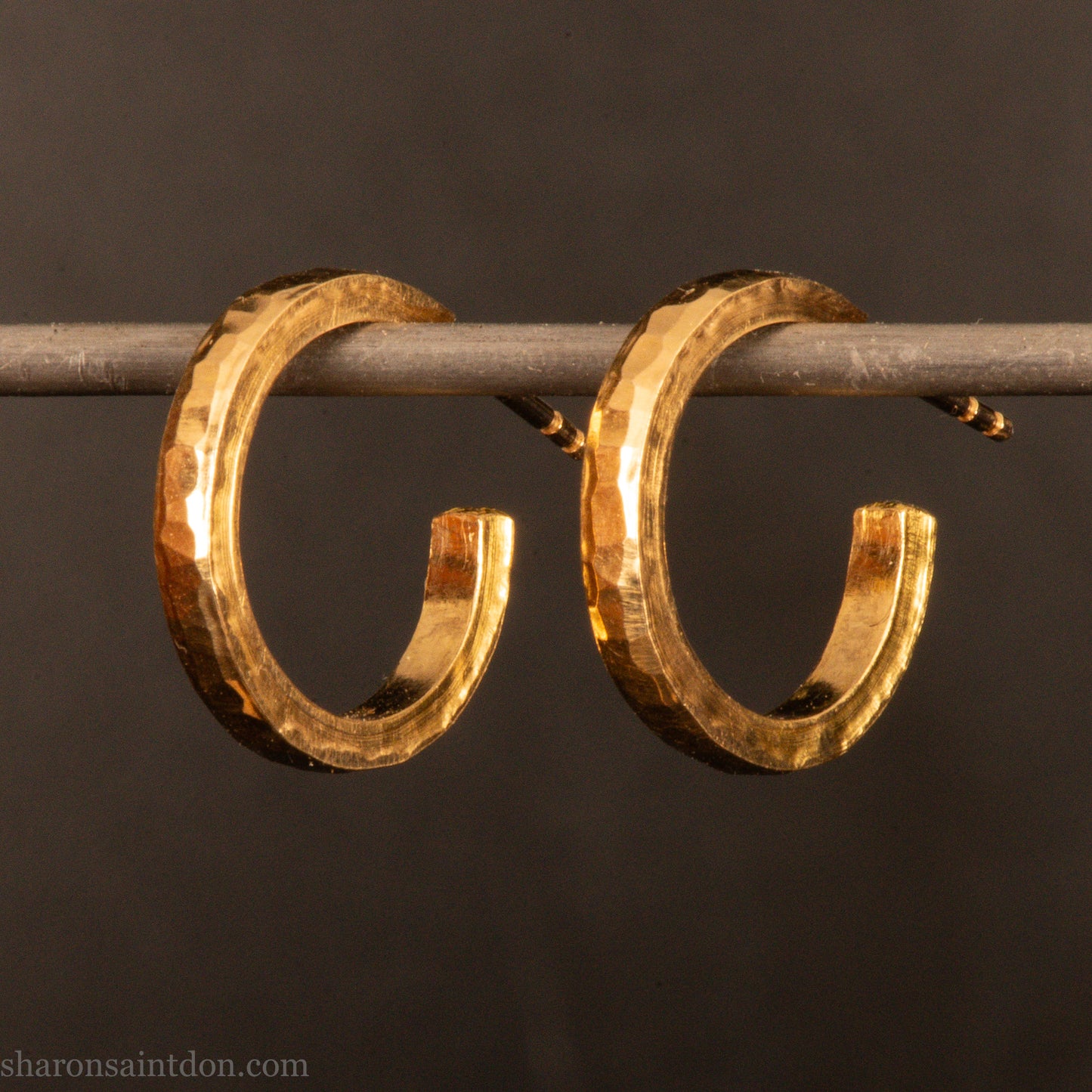 Solid gold hoop earrings, handcrafted hammered finish. 16mm diameter, 2mm wide.
