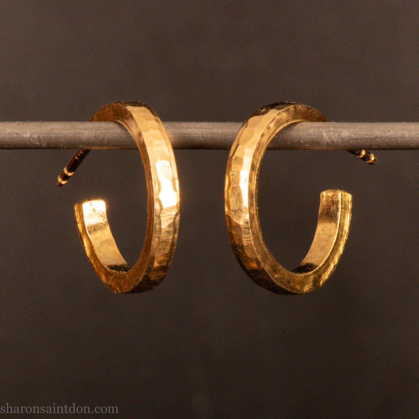 Solid gold hoop earrings, handcrafted hammered finish. 16mm diameter, 2mm wide.