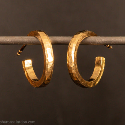 Solid gold hoop earrings, handcrafted hammered finish. 16mm diameter, 2mm wide.