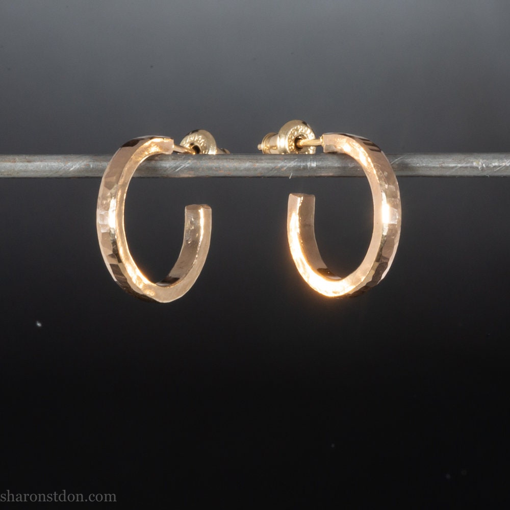 16mm solid gold hoop earrings handcrafted hammered finish 18k/22k yellow gold