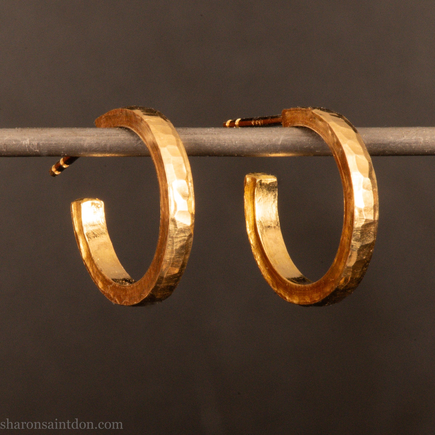Solid gold hoop earrings, handcrafted hammered finish. 16mm diameter, 2mm wide.