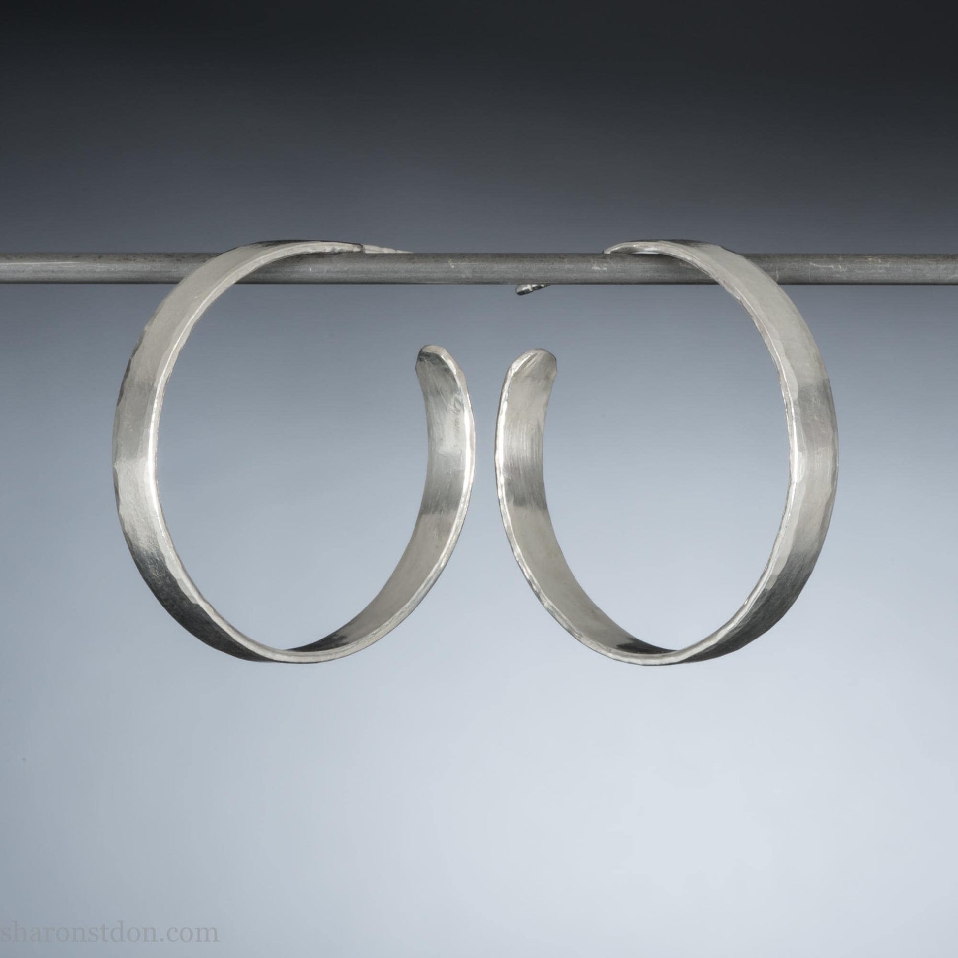 30 mm x 4 mm solid sterling silver hoop earrings, handmade with wavy hammered texture and shiny matte finish.