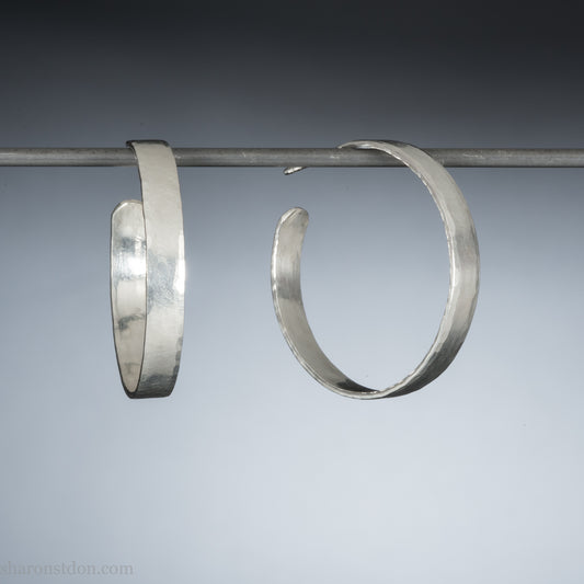 30x4mm 925 Sterling Silver Hoop Earrings, Hand Hammered, Matte Satin Finish