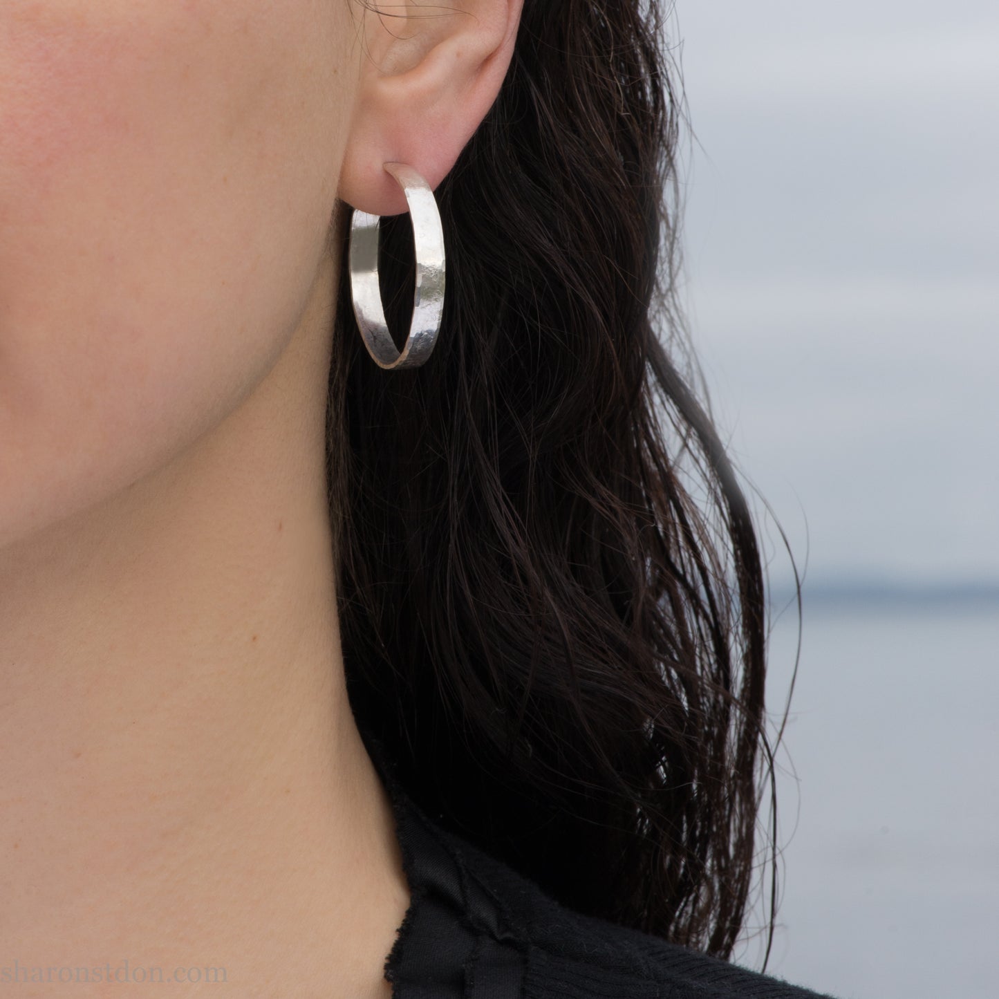 Solid 925 Sterling Silver Hoop Earrings | Handcrafted since 1998 | Brushed Matte Shiny | 30mm