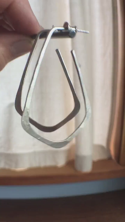 Solid 925 sterling silver teardrop elongated shape hoop earrings,  hammered matte finish and , 50x32mm.