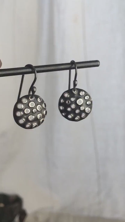 15mm small round mesh silver earrings, antiqued