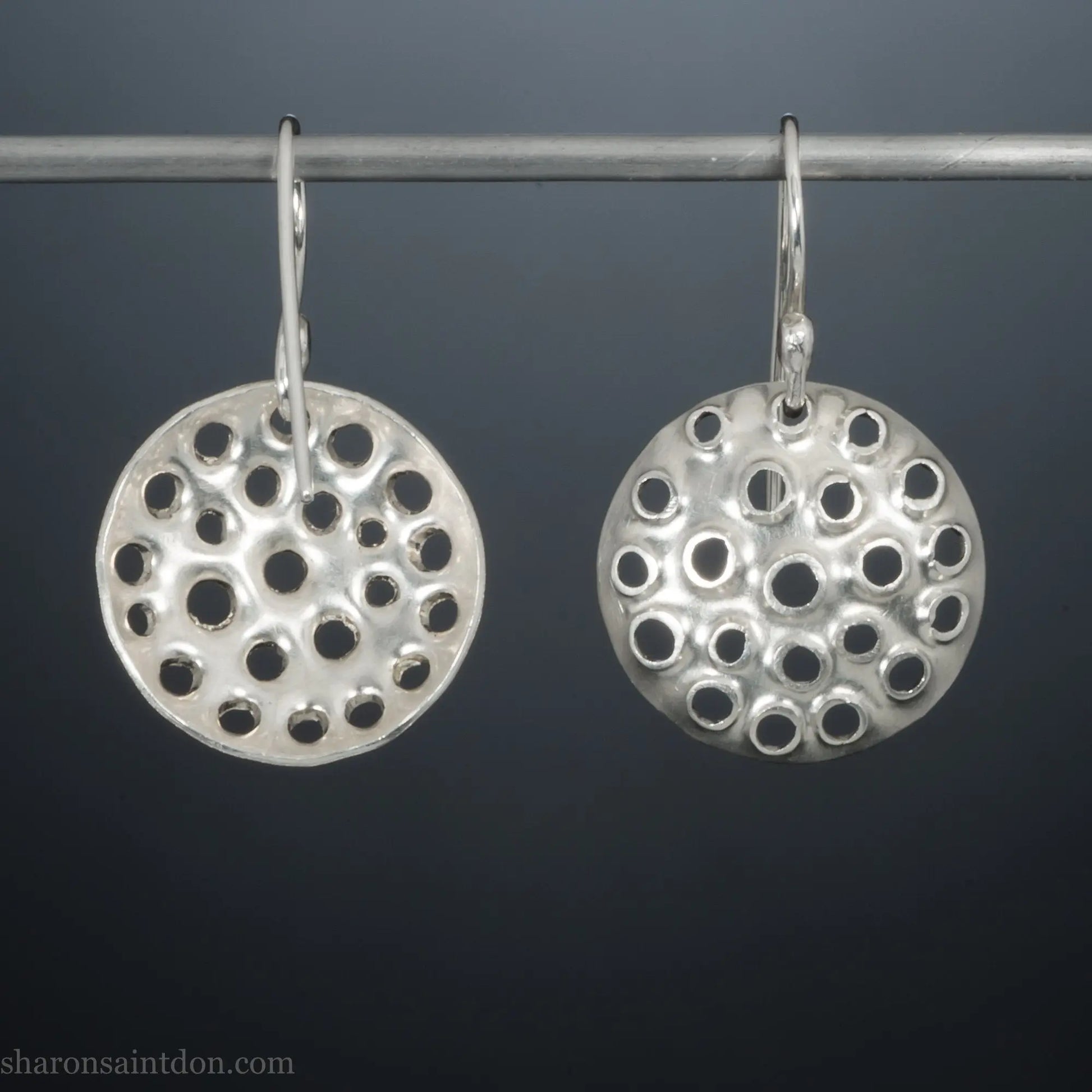 15mm solid 925 sterling silver round disc earrings, hand-punched pattern, matte satin finish, french hooks.