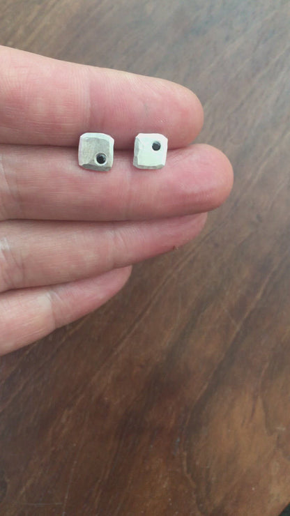 Black spinel stud earrings in sterling silver, 7mm square with matte finish.