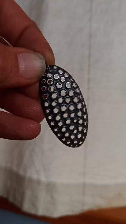 50mm tall oval, perforated silver dangle earrings, antiqued