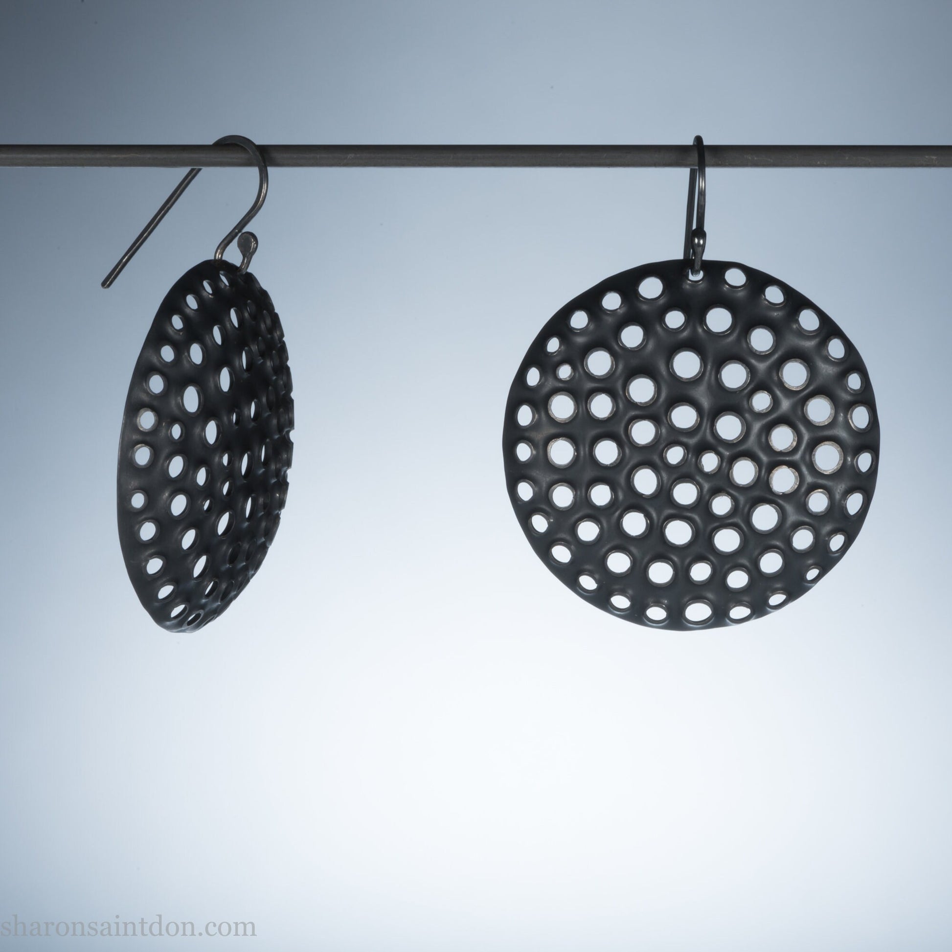 38mm solid 925 sterling silver sculptural round disc earrings, hand-punched pattern, flat matte black oxidized finish.
