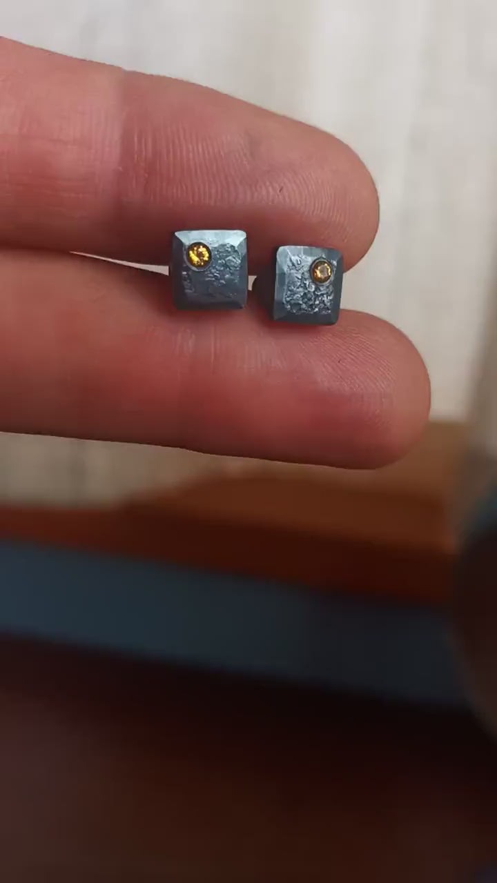 Golden yellow topaz 925 sterling silver stud earrings, 7mm