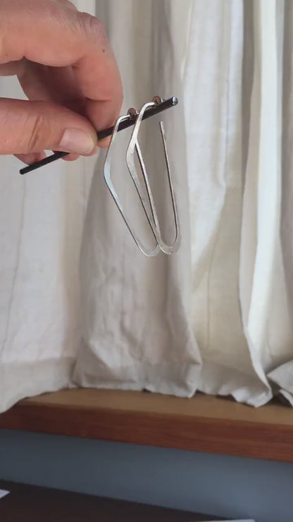 Solid 925 sterling silver hoop earrings, hammered, angular long high D shape. Matte finish.