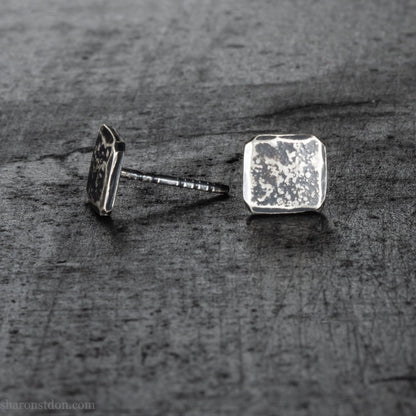 7mm square solid 925 sterling silver stud earrings, dark antique finish.