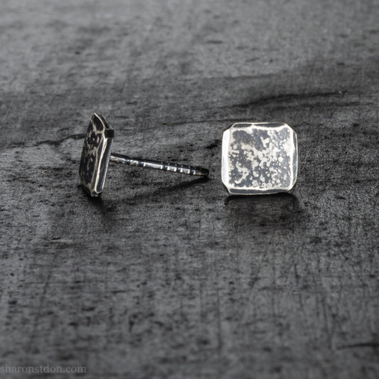 7mm square solid 925 sterling silver stud earrings, dark antique finish.