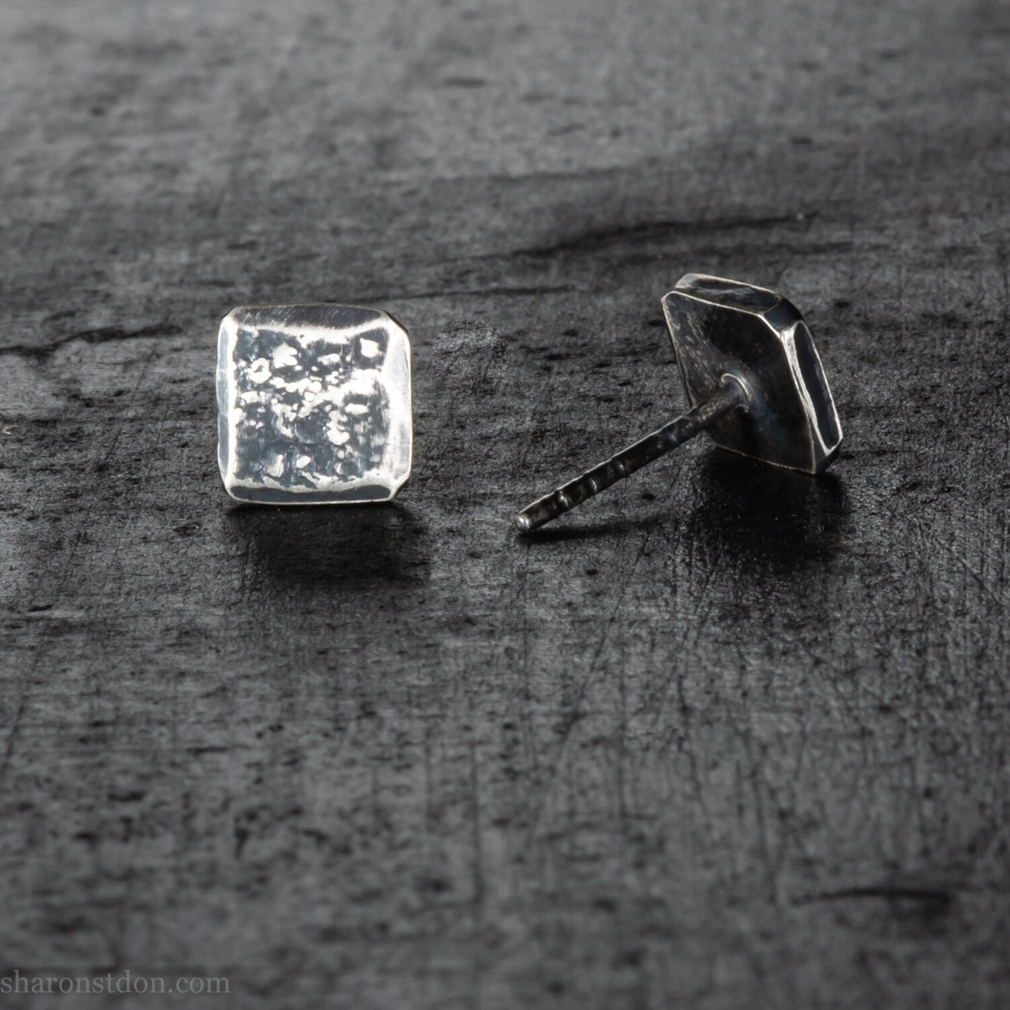 7mm square solid 925 sterling silver stud earrings, dark antique finish.