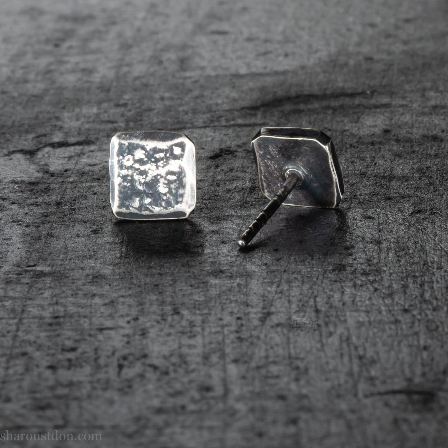 7mm square solid 925 sterling silver stud earrings, dark antique finish.