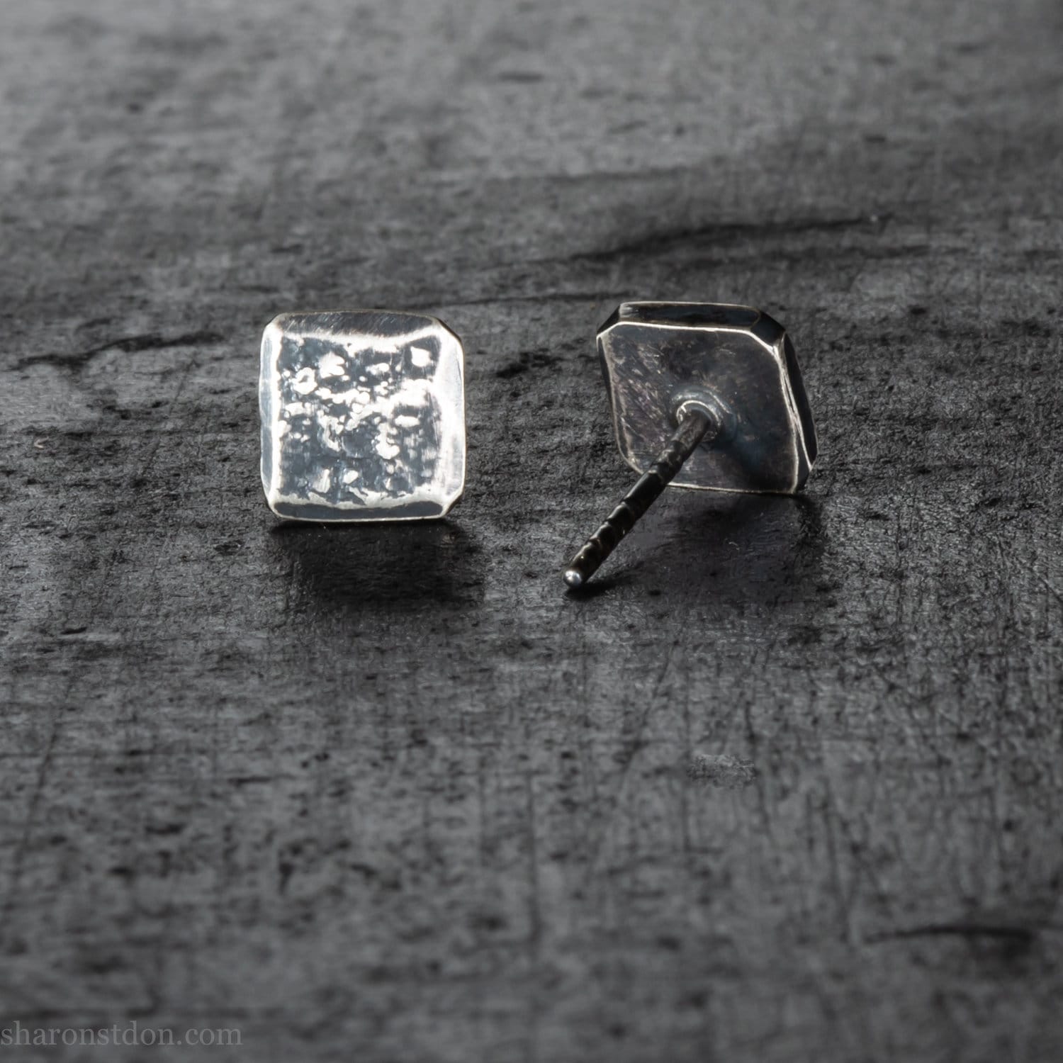 7mm square solid 925 sterling silver stud earrings, dark antique finish.