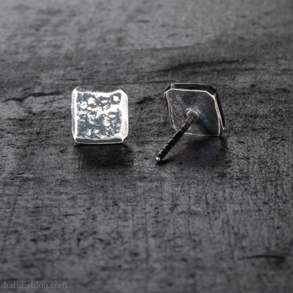 7mm square solid 925 sterling silver stud earrings, dark antique finish.