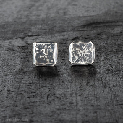 7mm square solid 925 sterling silver stud earrings, dark antique finish.