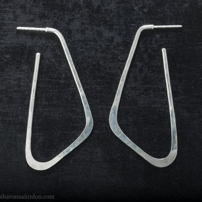 Solid 925 sterling silver hoop earrings, angular low D shape, hand hammered.