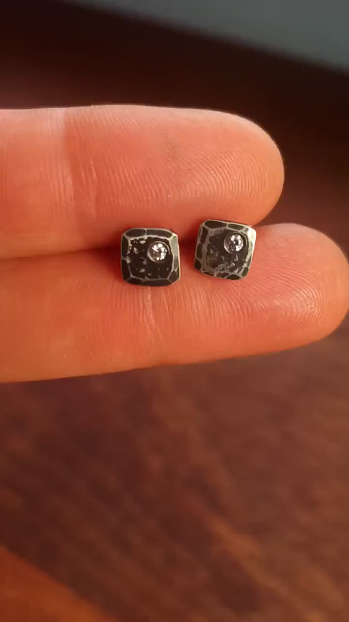 Cubic zirconia and silver stud earrings 7mm square, antique