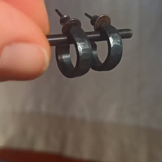 14mm x 4mm black silver hoop earrings