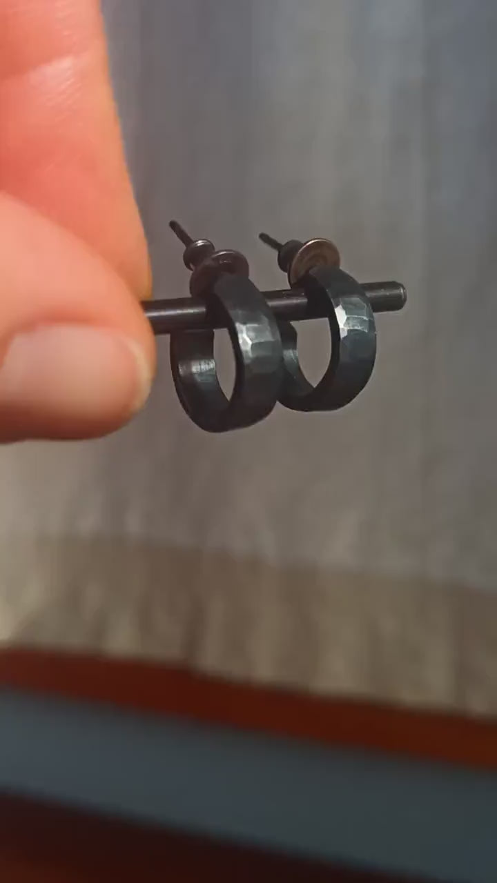 14mm x 4mm black silver hoop earrings