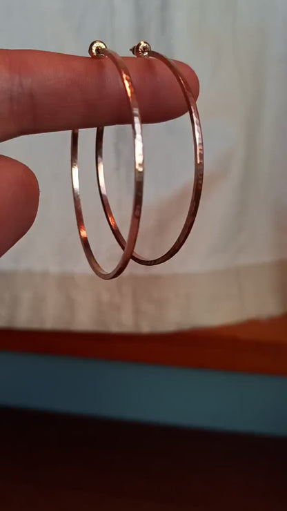 18k yellow gold hoop earrings 50mm diameter, 2mm wide, 1.5mm thick. High quality, handmade with hammered texture.