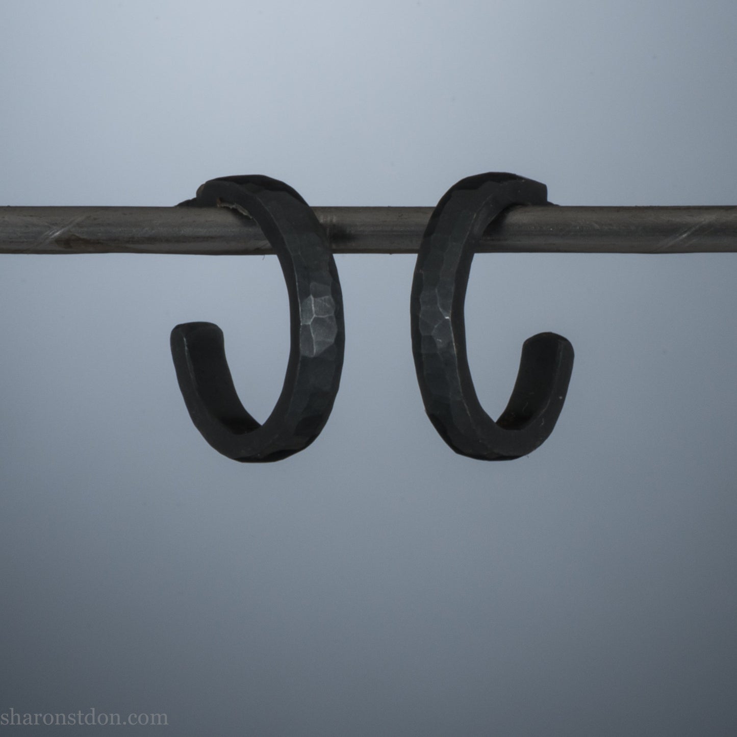 Hand hammered solid 925 sterling silver hoop earrings, oxidized black, 14mm diameter x 2mm wide.